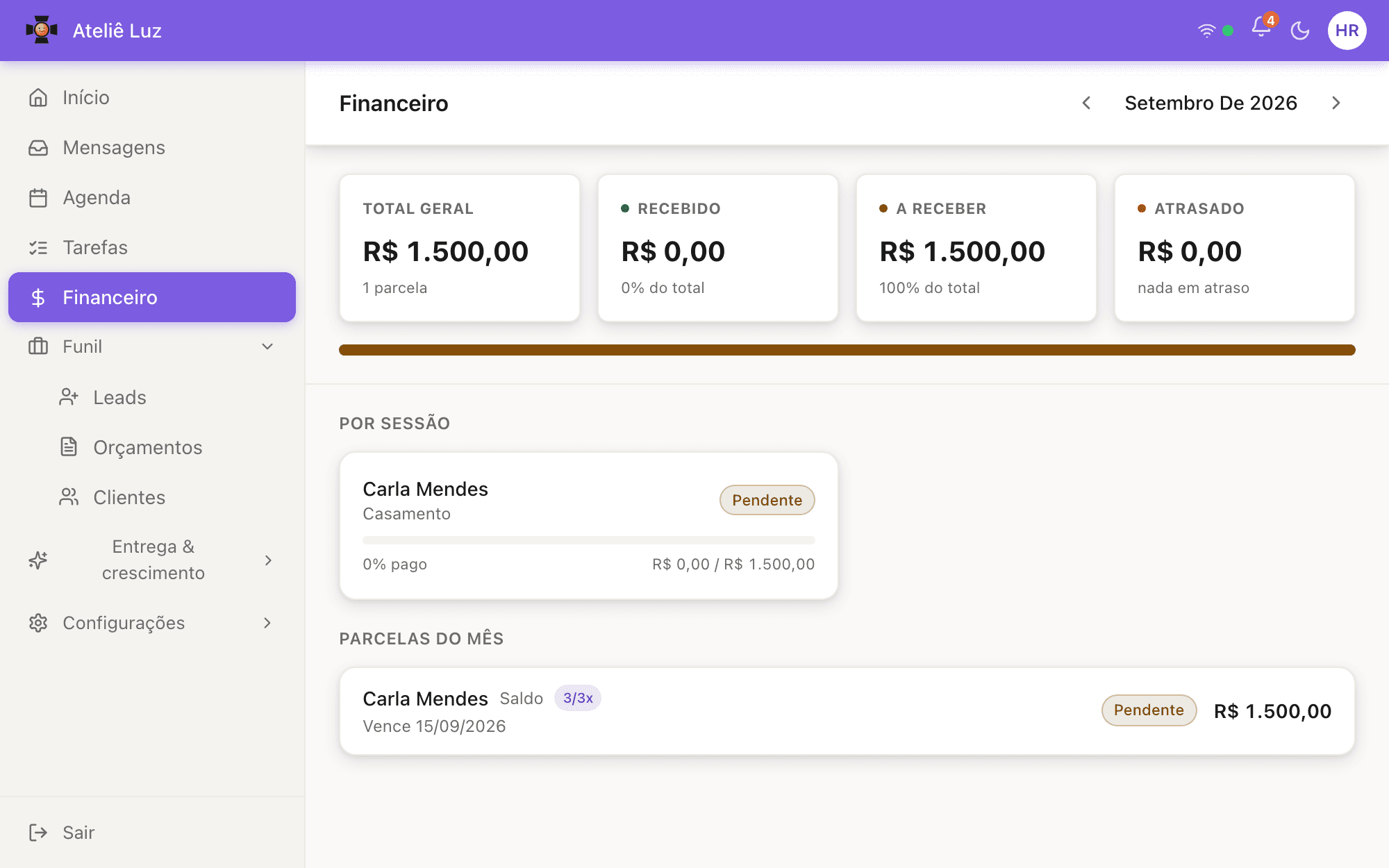 Tela de financeiro da Lumina com parcelas de uma sessão