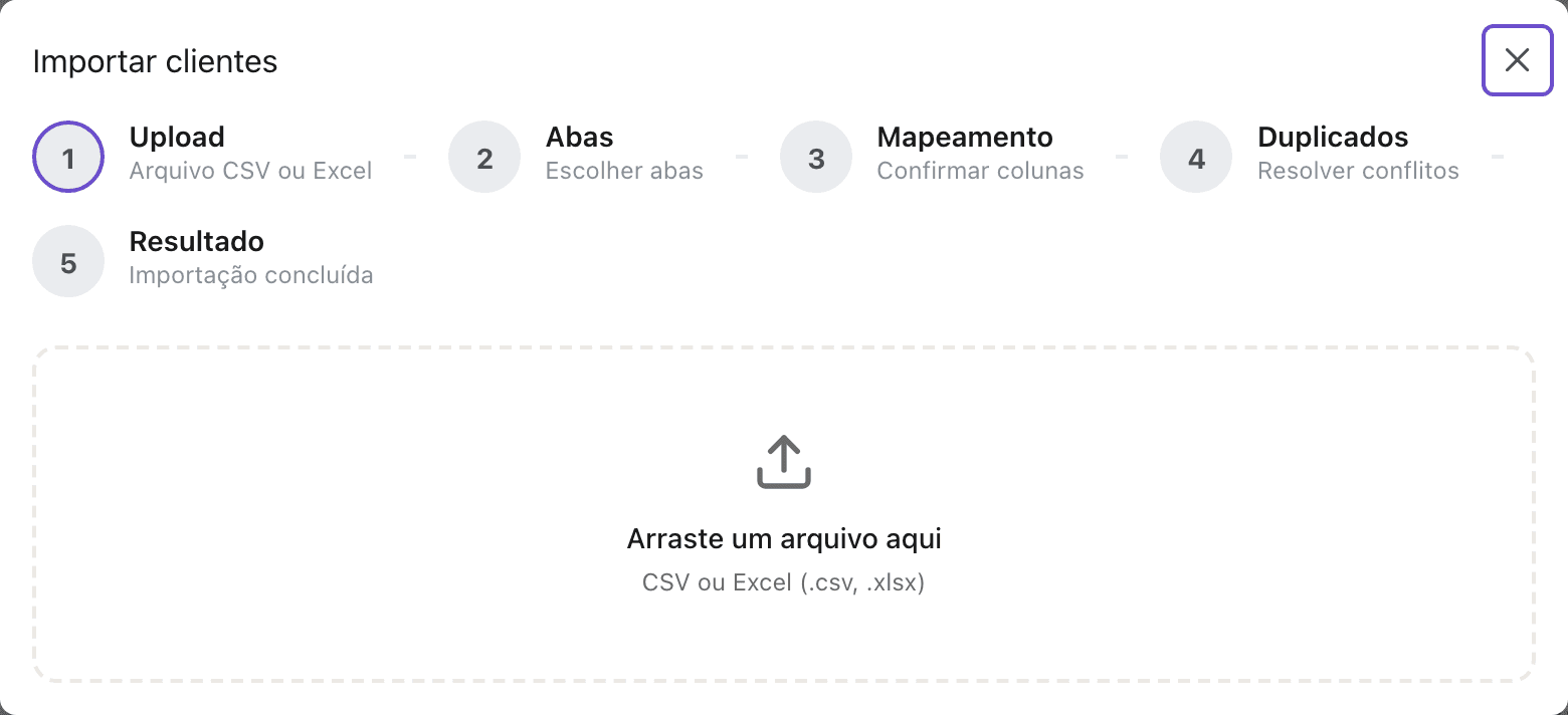 Assistente de importação da Lumina pedindo o arquivo CSV ou Excel